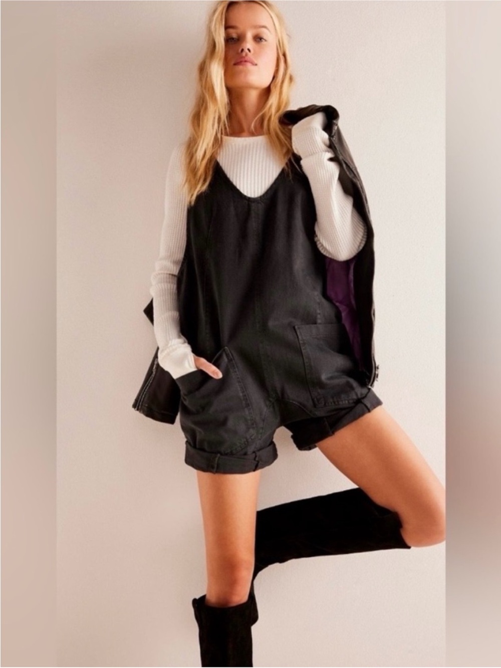 Free People We The Free High Roller Shortalls Washed Black Charcoal Denim Shorts